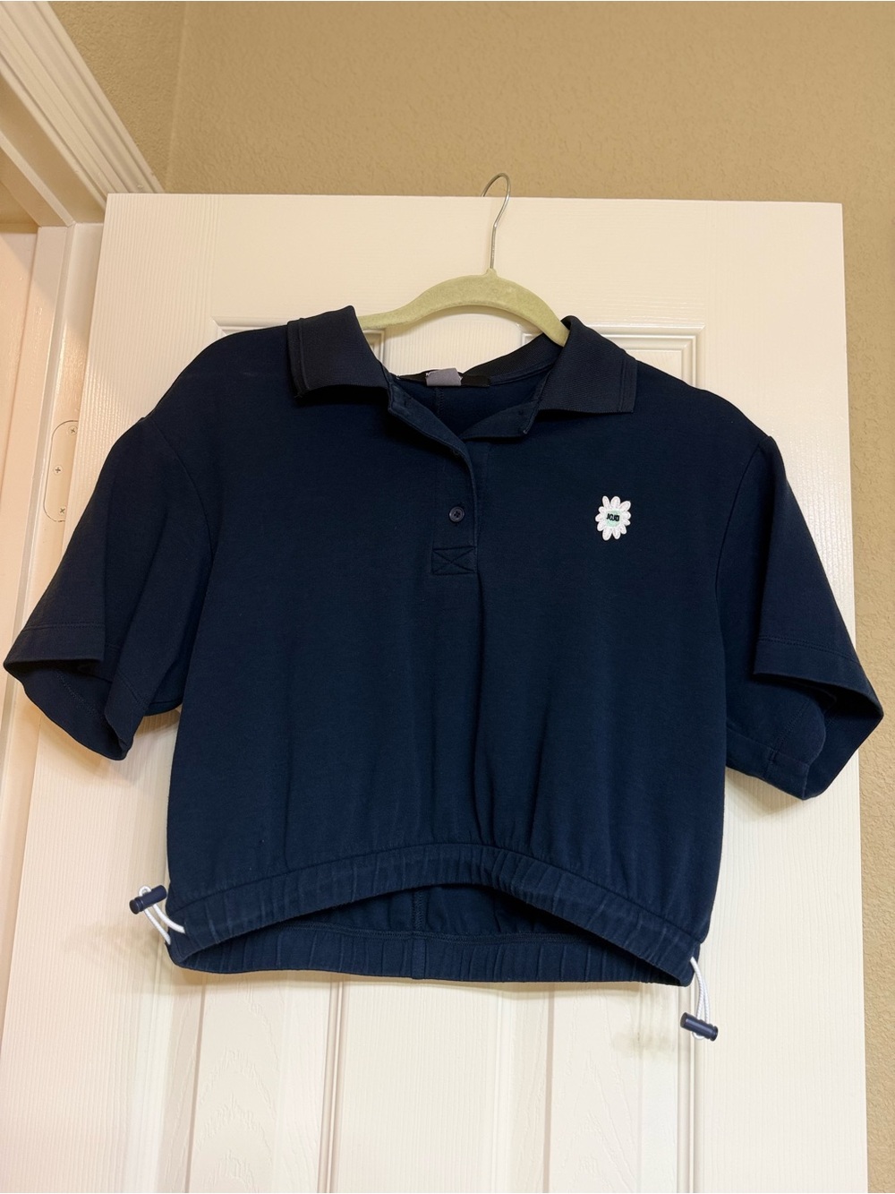 Navy Polo Cropped Top with Daisy Accent